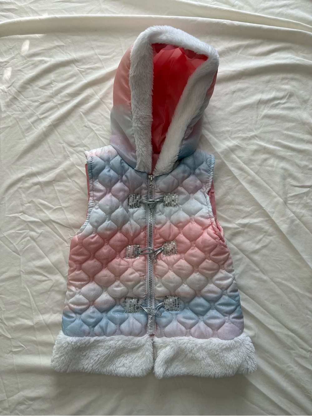 Little Lass Girls5Pastel Pink Blue White Quilted Hooded Vest with Faux Fur Trim